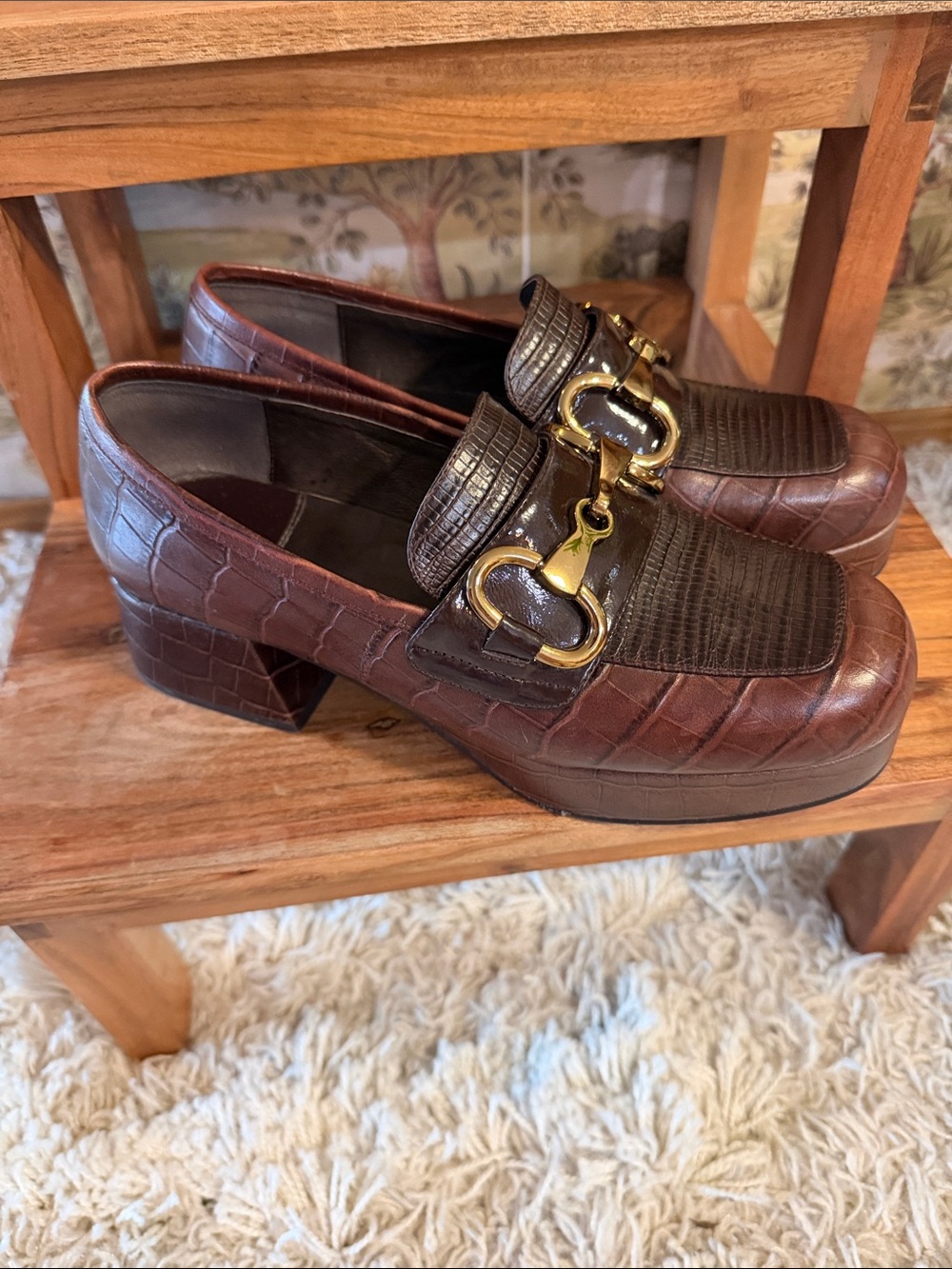 Jeffrey Campbell Brown Croc-Embossed Loafers / platforms with Gold Bit - Picture 8 of 12